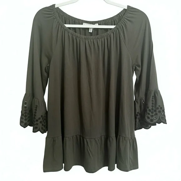 Olive Green Peplum Top with Bell Sleeves - Picture 2 of 6